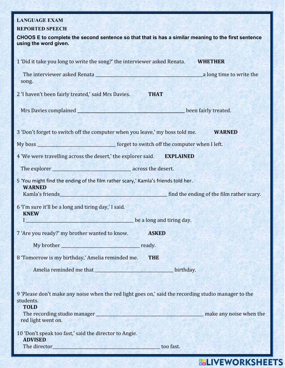 Reported speech LANGUAGE EXAM 2