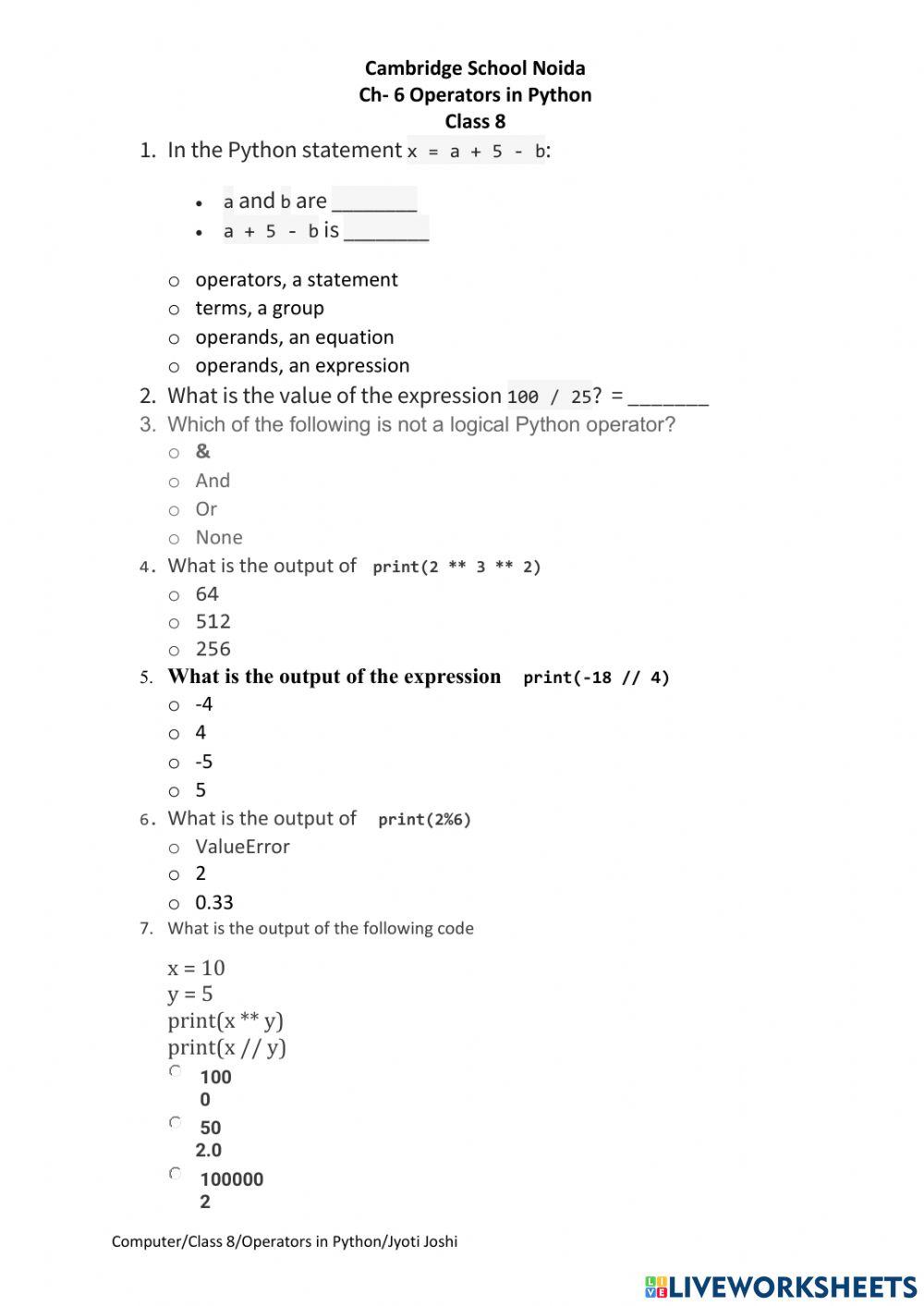 Operators in Python online exercise for | Live Worksheets image.
