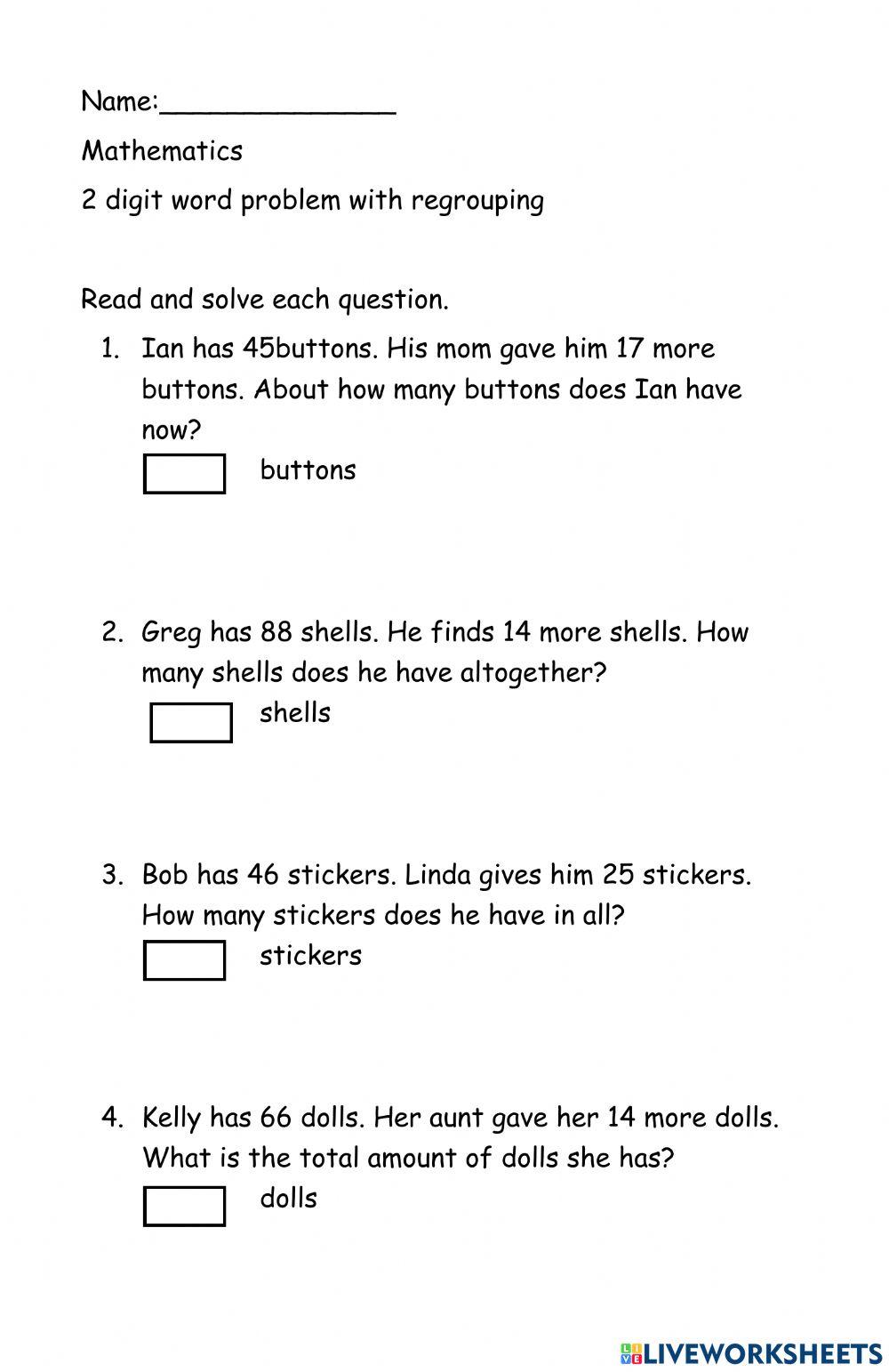 Word problem 2 digit with regrouping addition