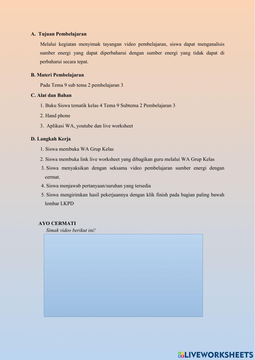 LKPD Sumber energi, Perubahan bentuk energi, dan Wawancara