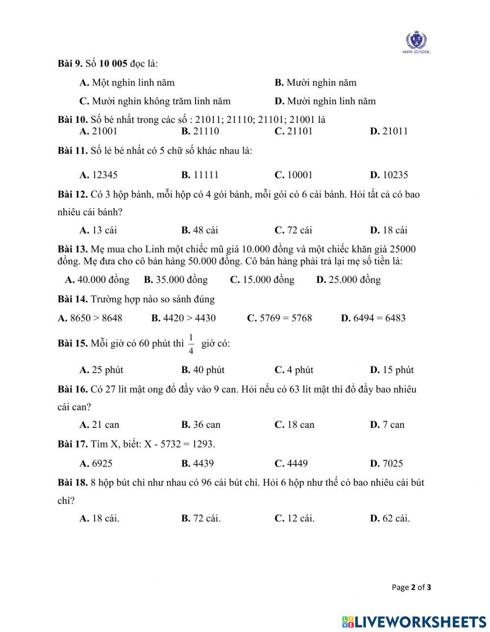 Toán 3 - 24.05.2021 - 28.05.2021 -  Ôn tập cuối năm