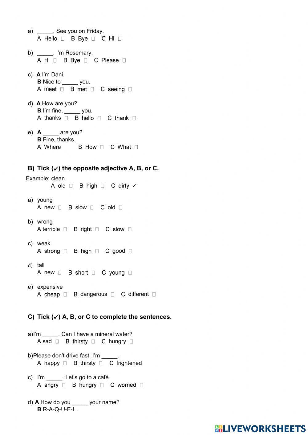 English File Elementary 4th Ed. - Quick Test Units 1 & 2