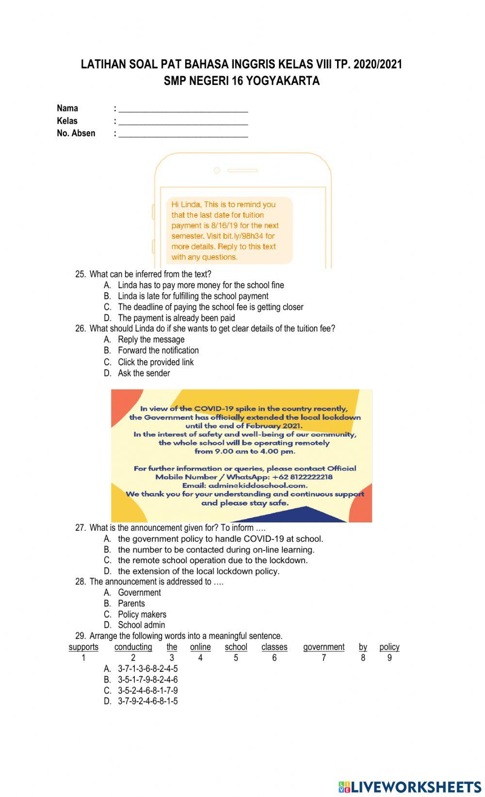 Latihan Soal PAT Inggris kelas 8 2021 (25-34)