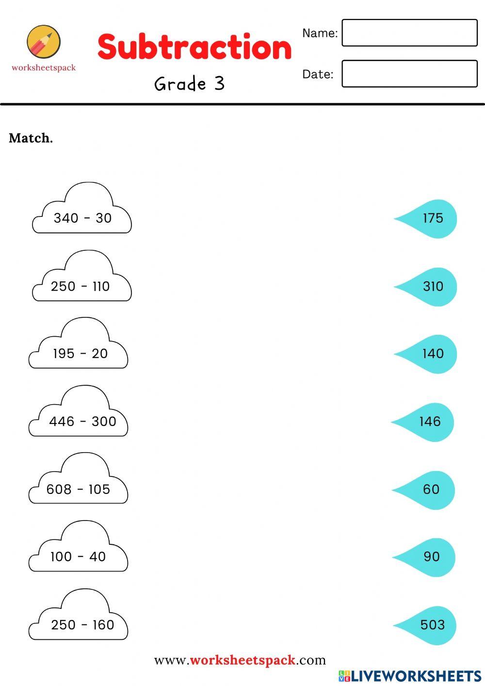 Subtraction worksheet matching