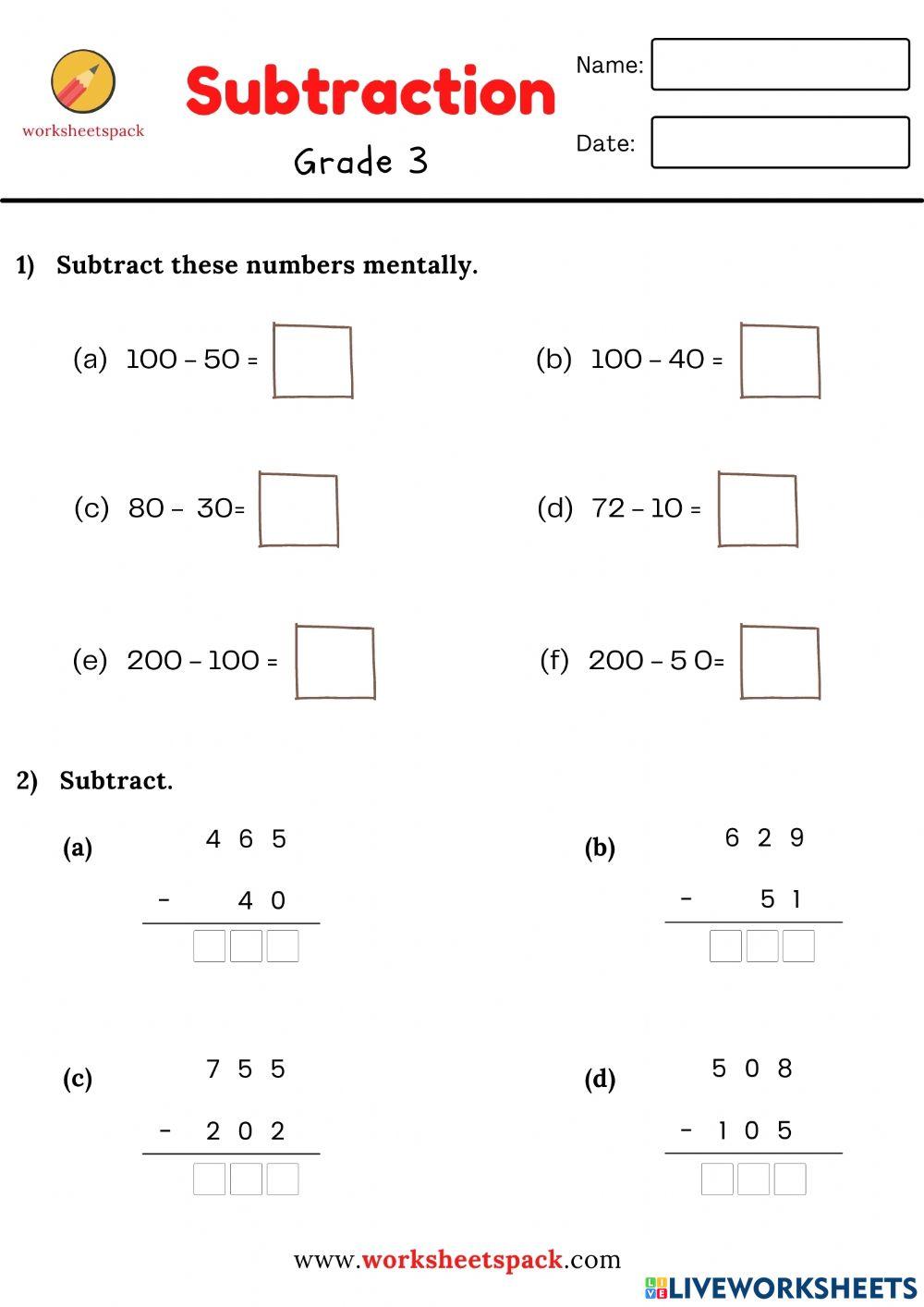 Subtract mentally Subtract mentally