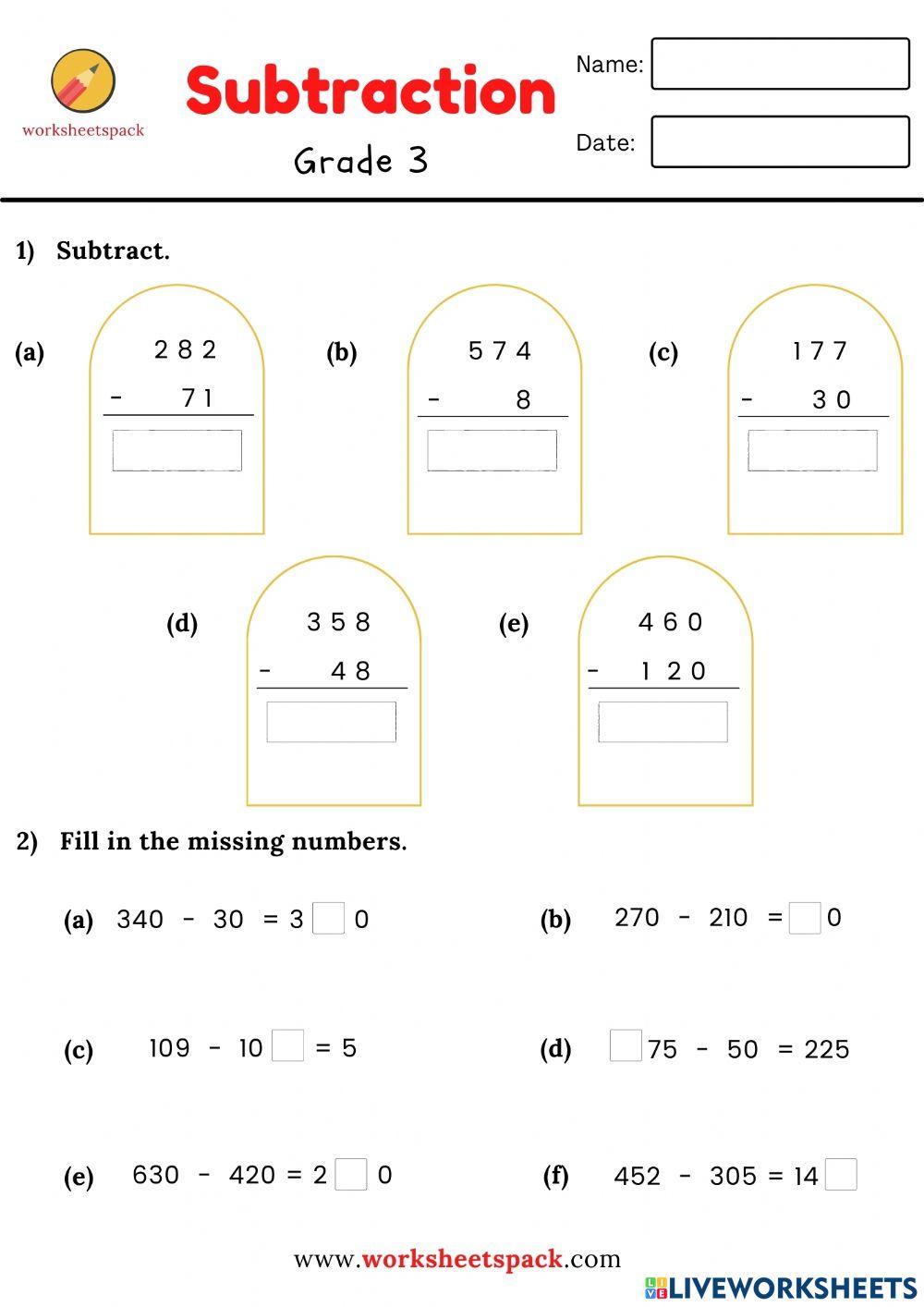 Subtraction fill in the missing numbers