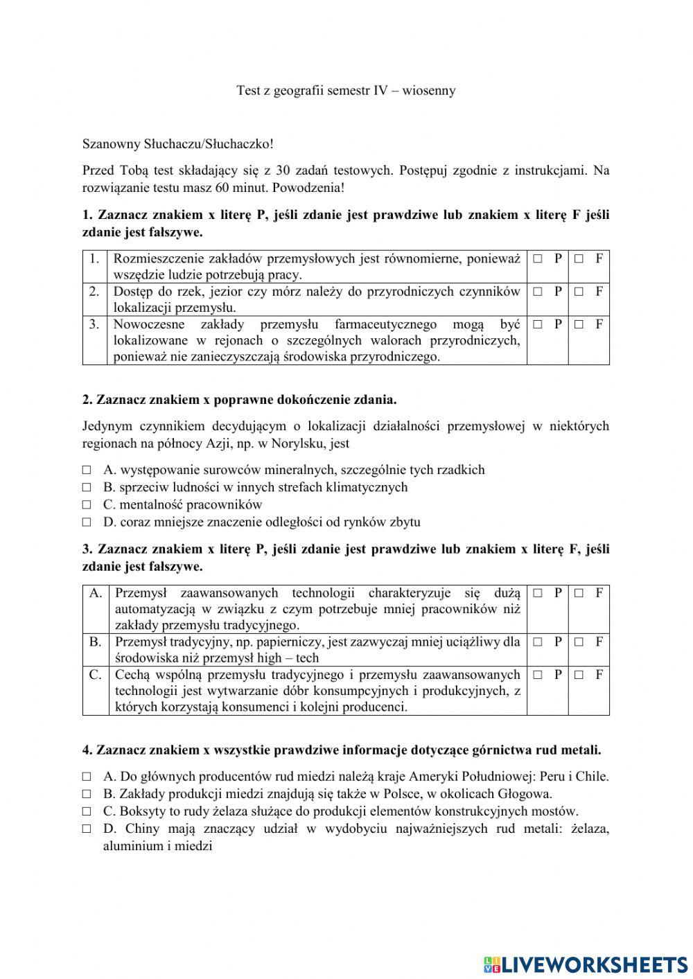 Egzamin zerowy semestr 4