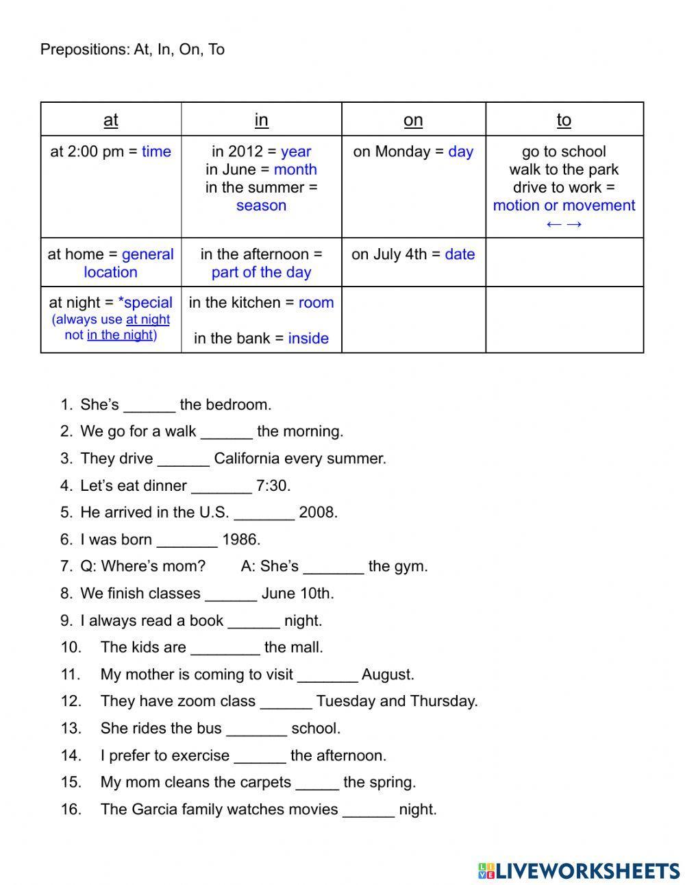 Prepositions of place and time