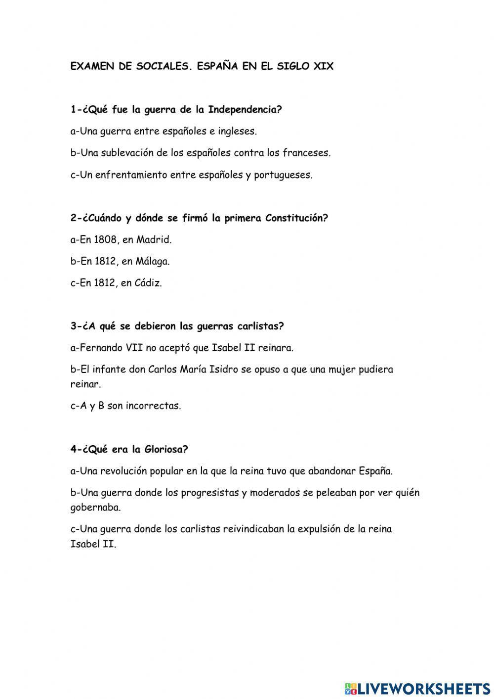 Examen españa siglo xix