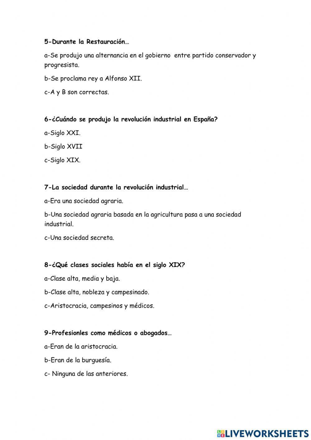 Examen españa siglo xix