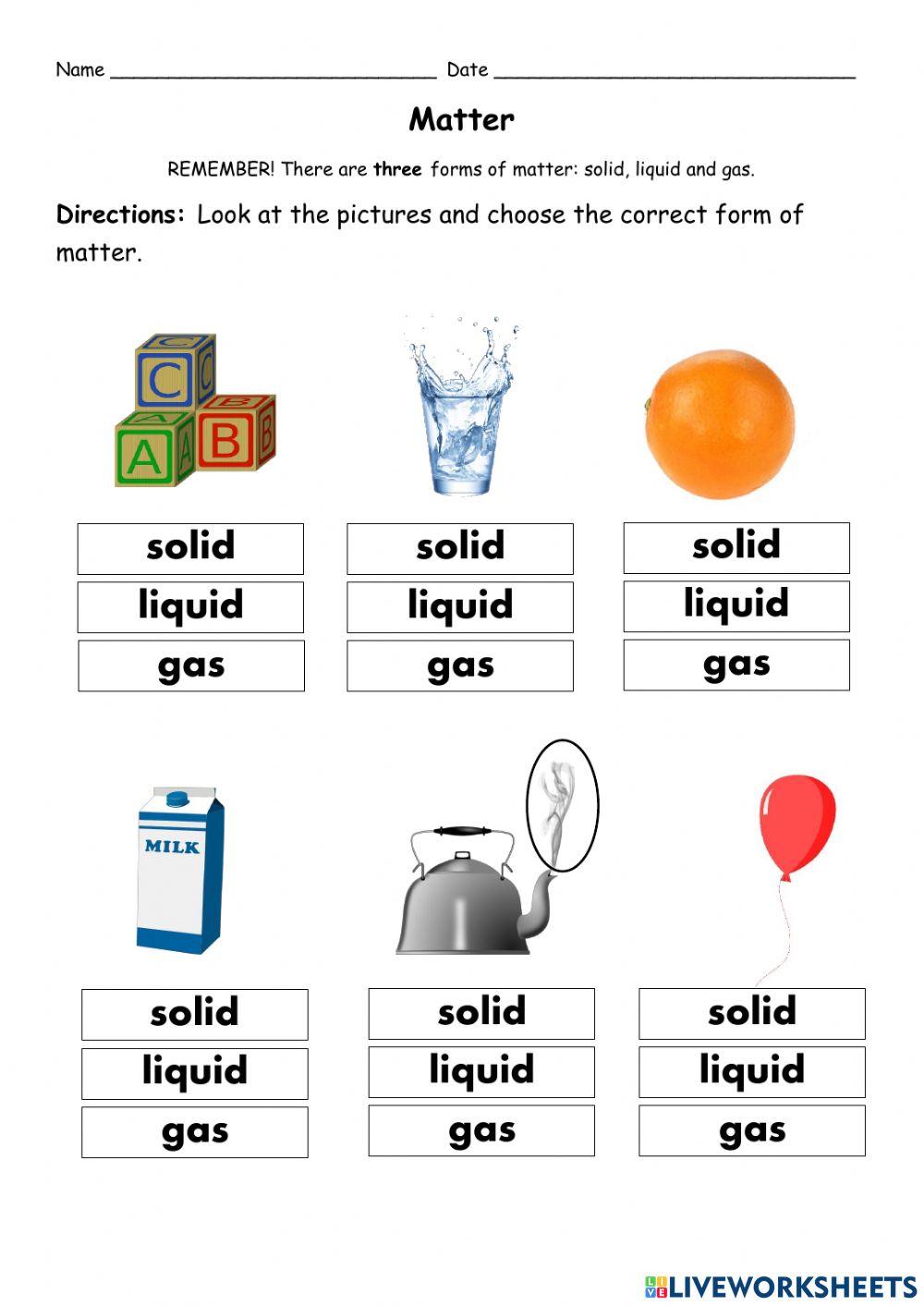 Matter Worksheet - Science