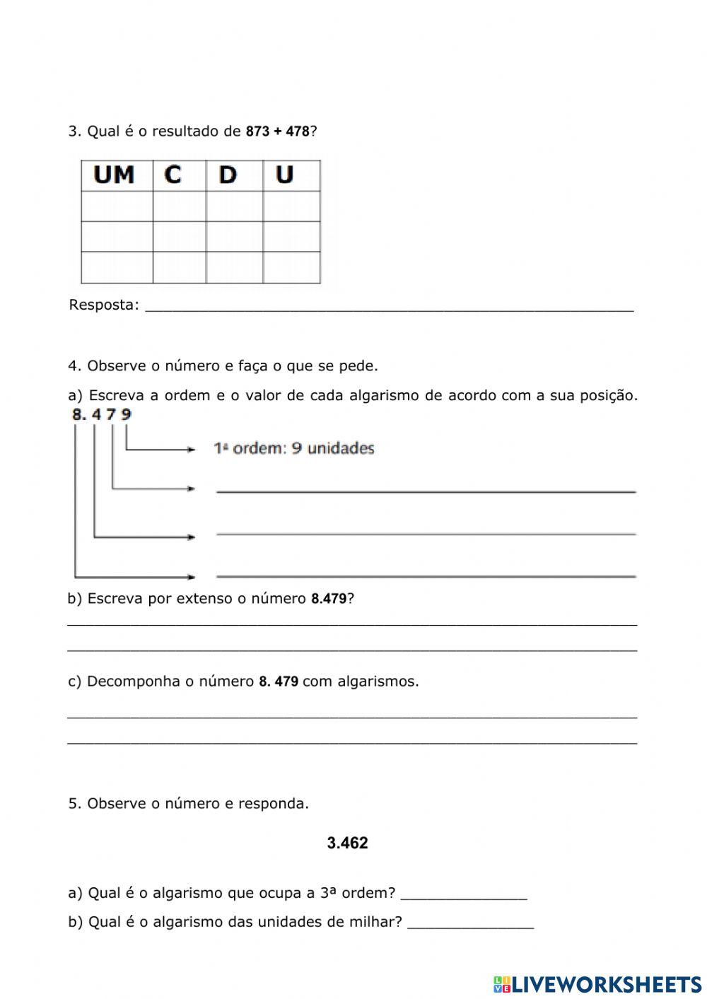 Atividade de matemática de 4 e 5 ano