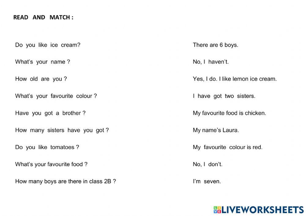 Match questions and answers Live Worksheets