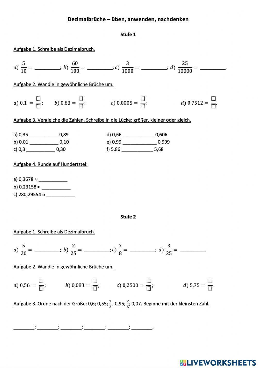 Dezimalbrüche worksheet | Live Worksheets