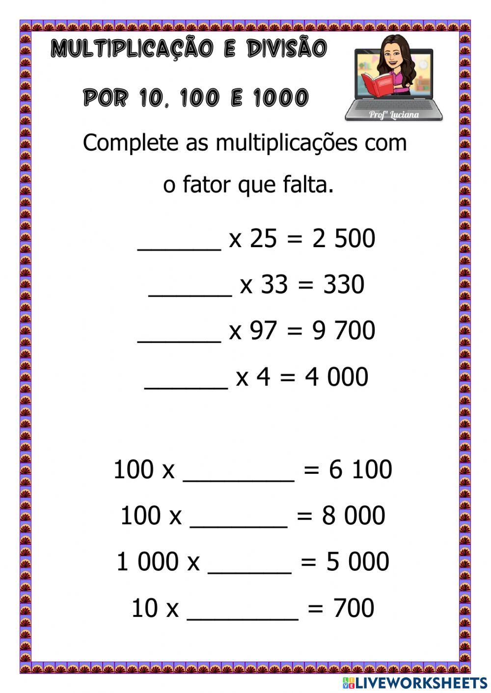 Multiplicação e divisão por 10, 100, 1000