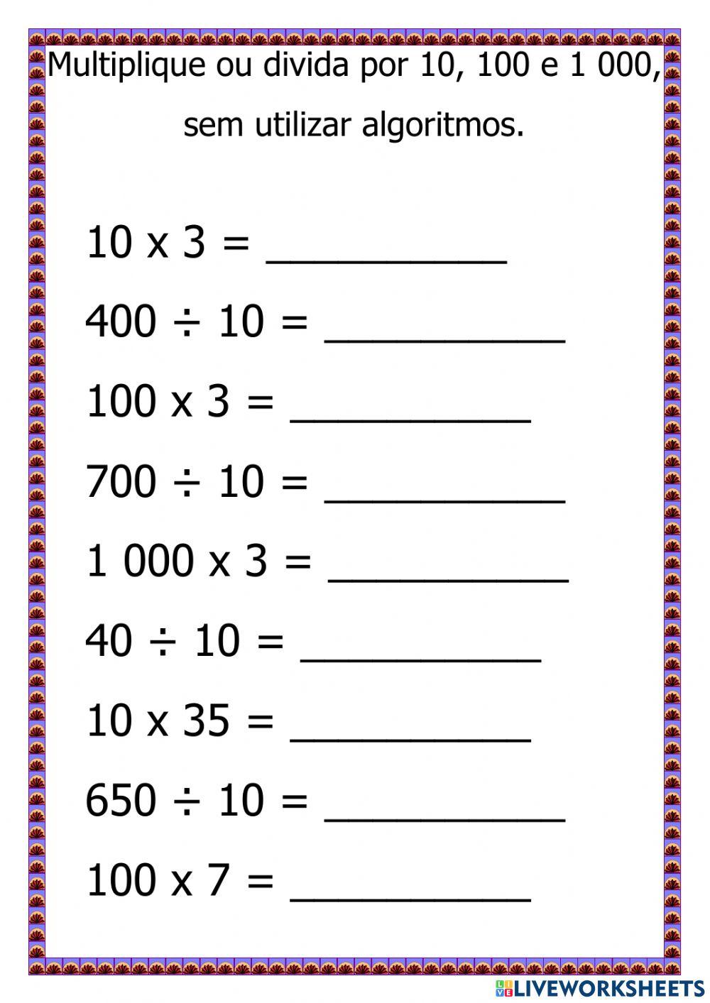 Multiplicação e divisão por 10, 100, 1000