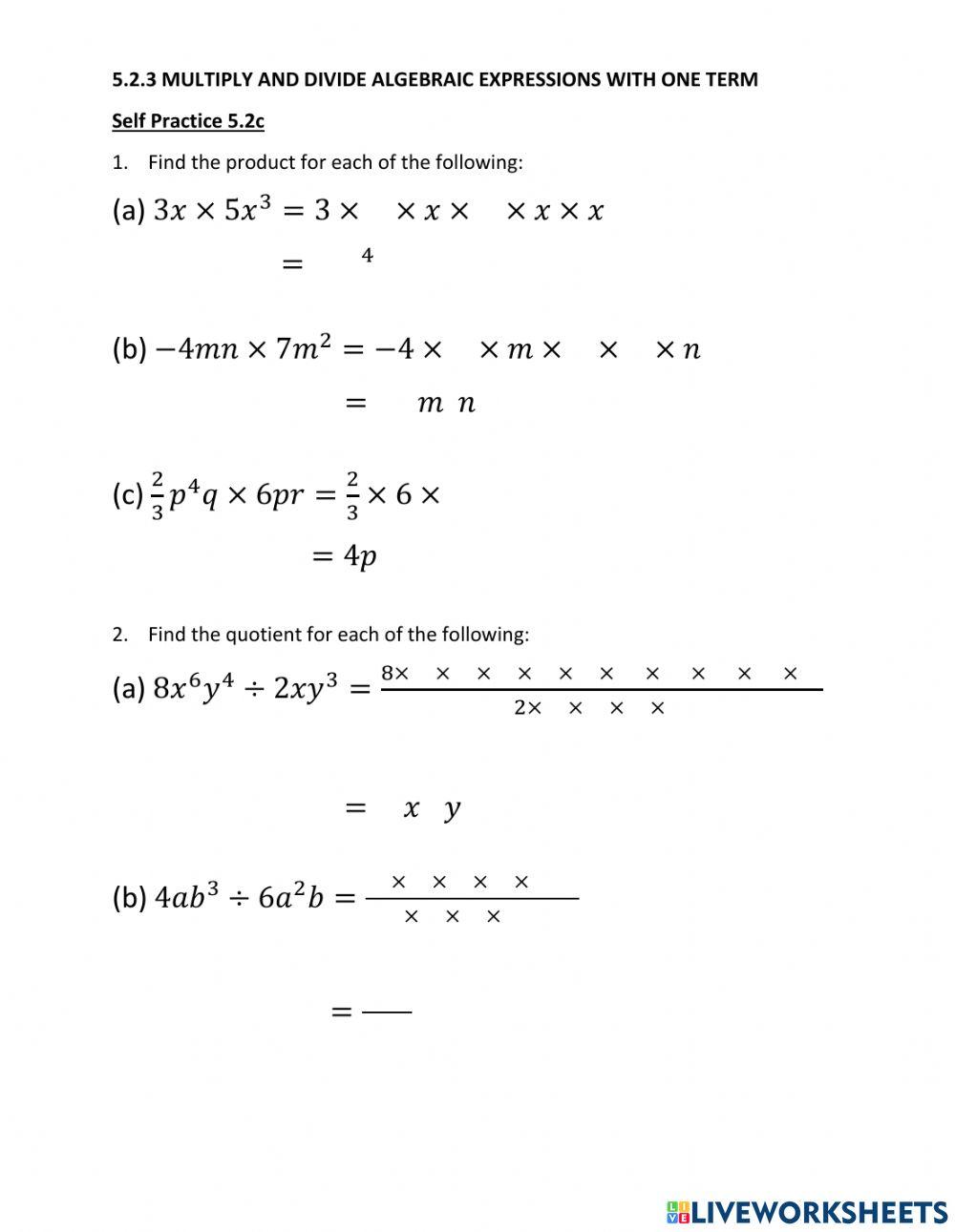 5.2.3 Multiply and Divide Algebraic Expressions with One Term
