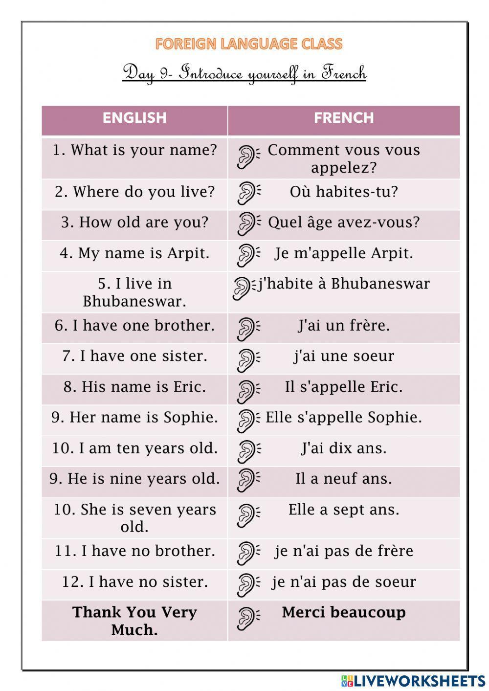 How to do introduction in French worksheet | Live Worksheets