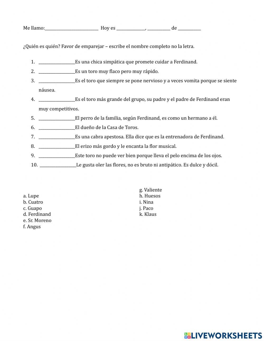 ¿Quién es quién? los personajes de Ferdinand worksheet | Live Worksheets