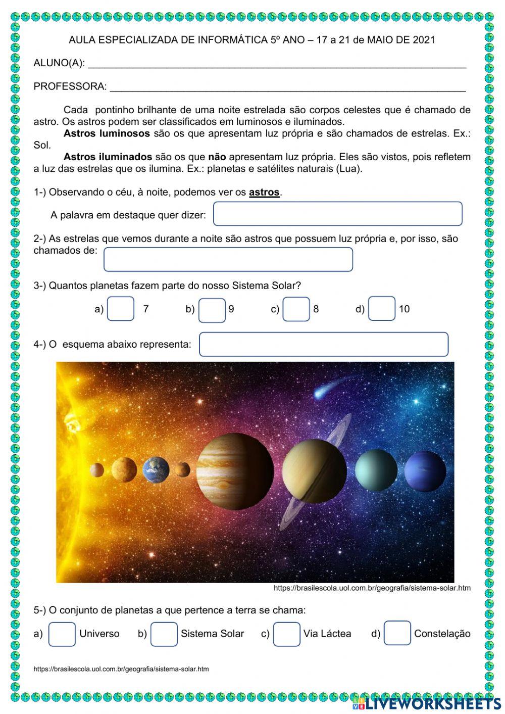 estrelas e galáxias do 5º ano