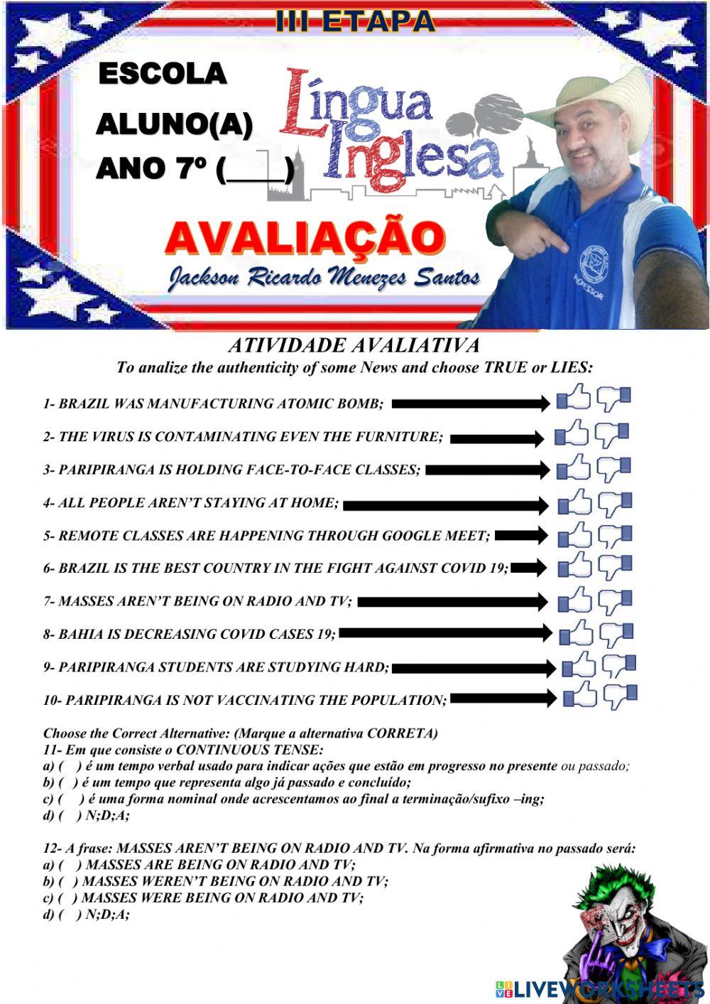 Ultima avaliação - ingles - 7 anos - ano 2020 em 2021