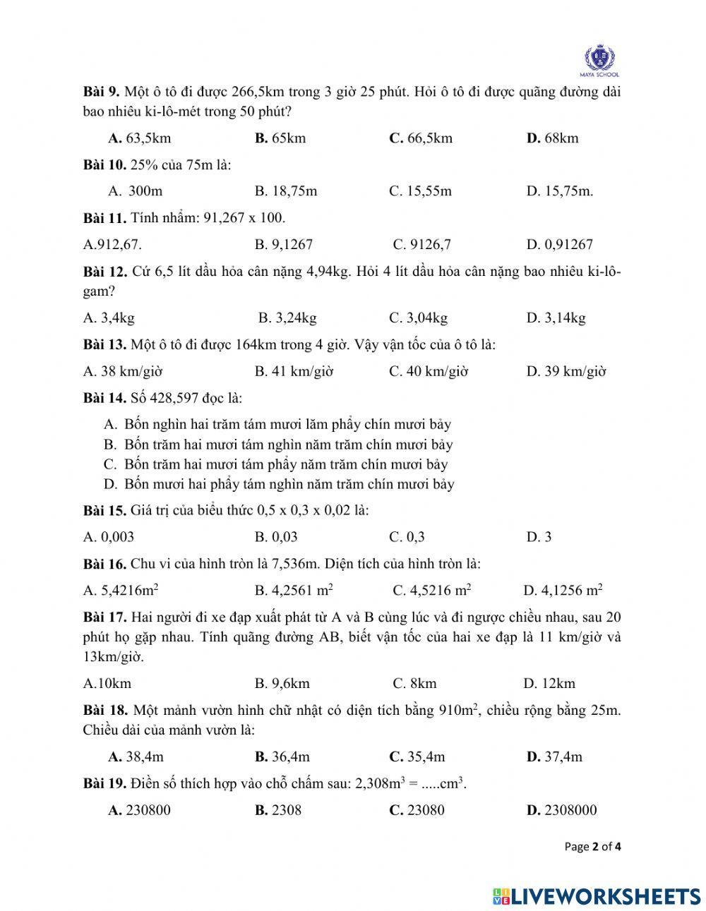 Toán 5 - 24.05.2021 - 28.05.2021 - Ôn tập cuối năm