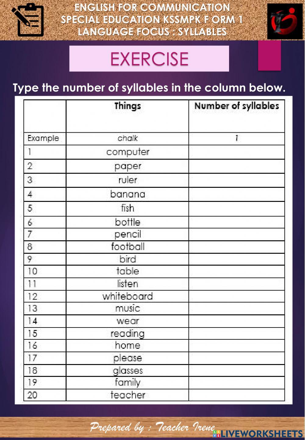 1021331 | Syllables | egl74 | LiveWorksheets