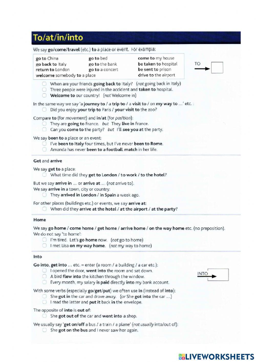 Prepositions in on at to into