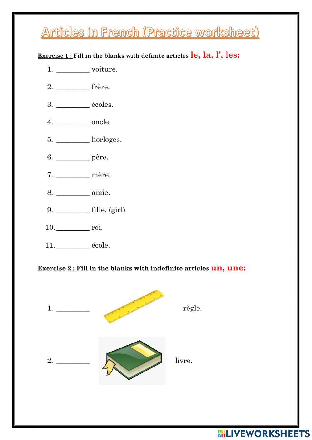 Practice exercises for French articles