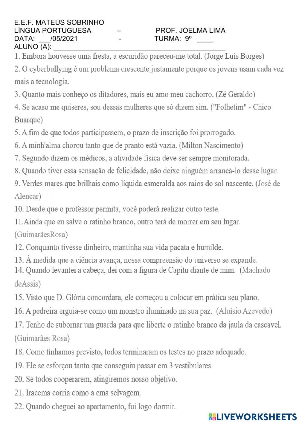 Classificaçâo das o.s. adverbiais