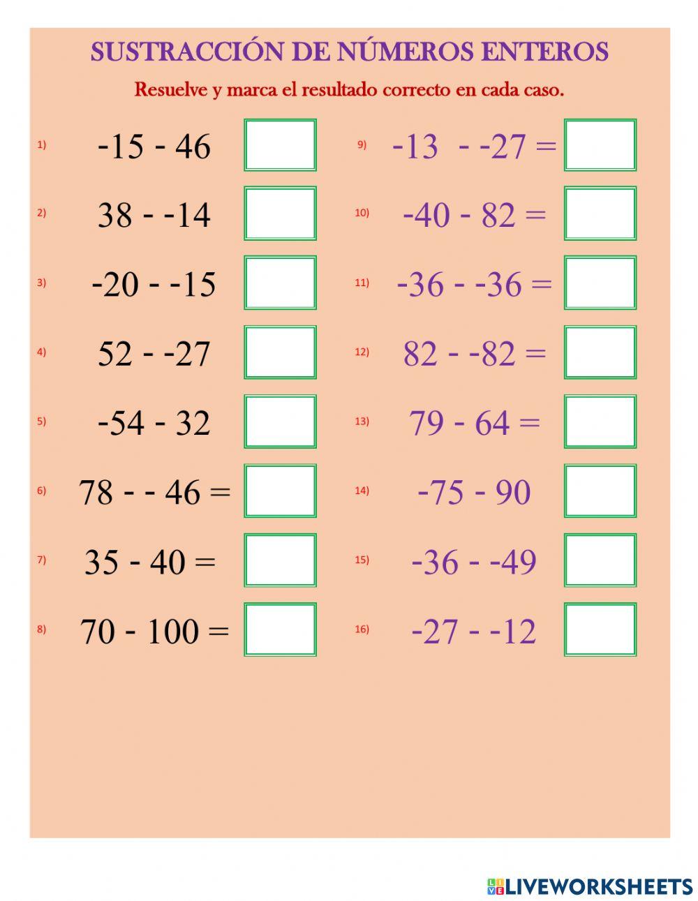 Sustracciones entre números enteros