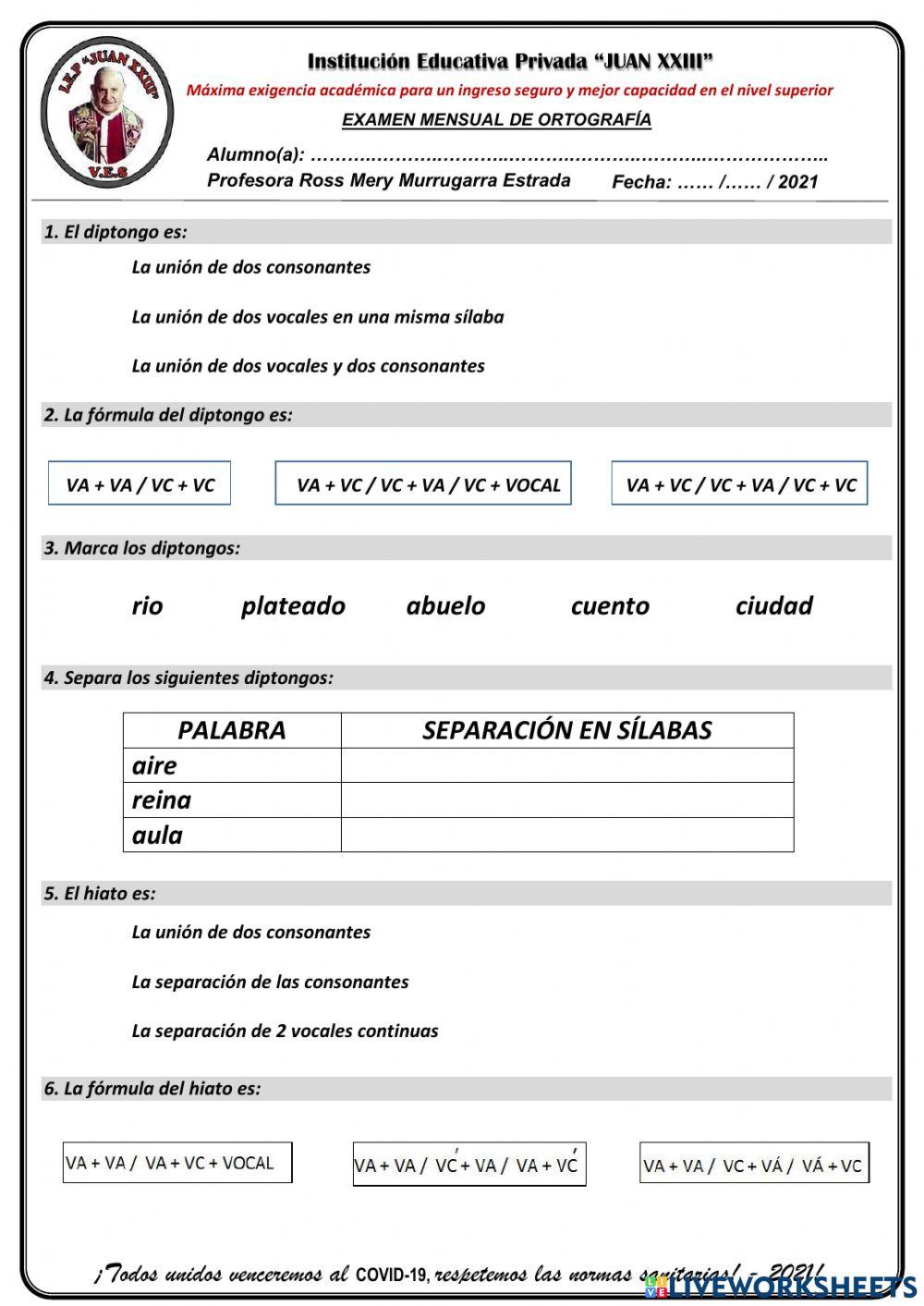 EXAMEN DE ORTOGRAFÍA