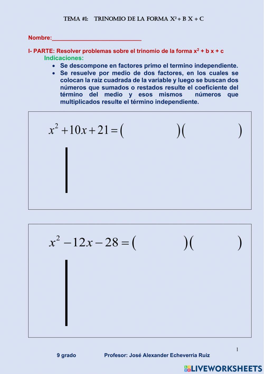 Trinomio de la forma x2 + b x + c