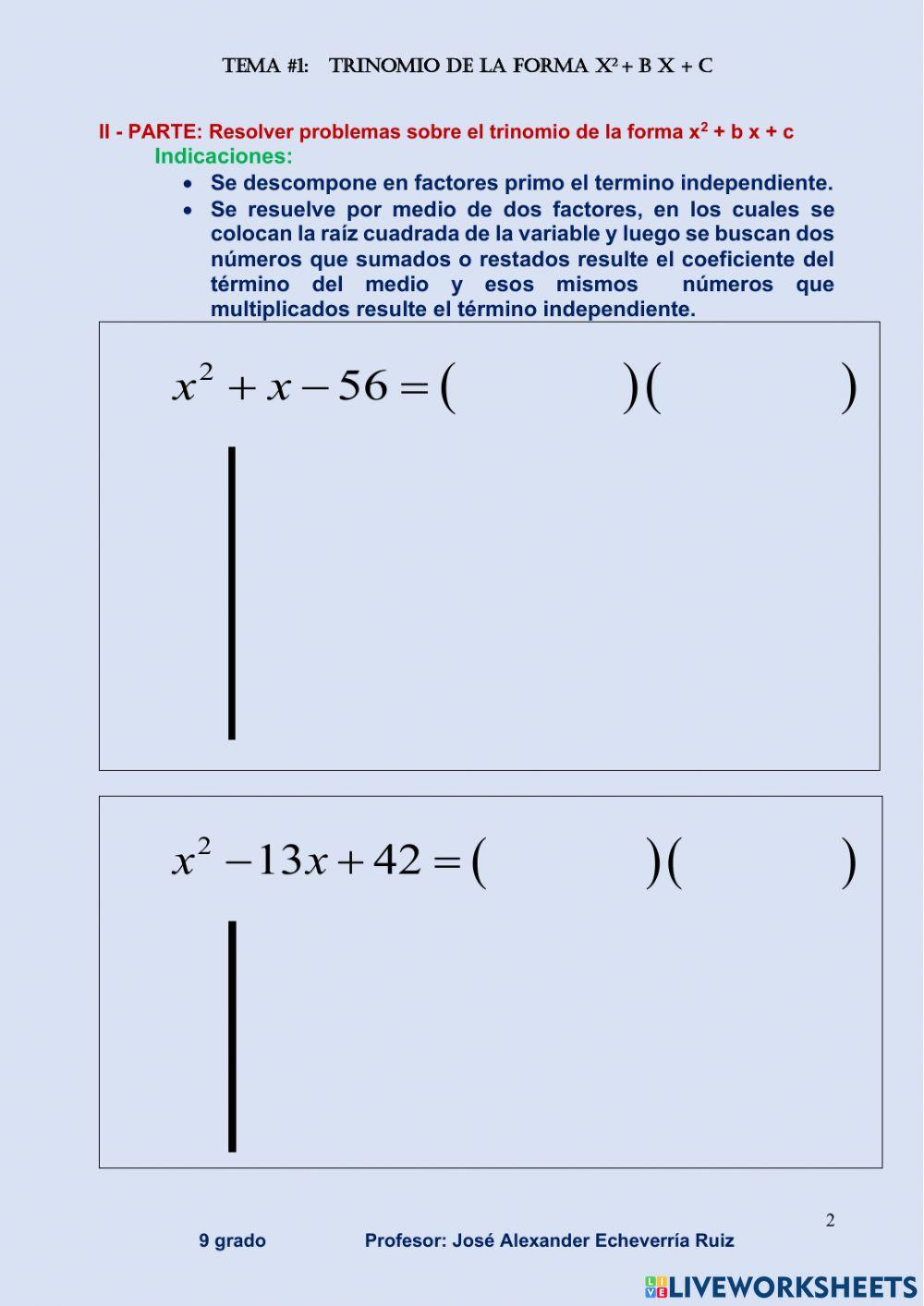 Trinomio de la forma x2 + b x + c