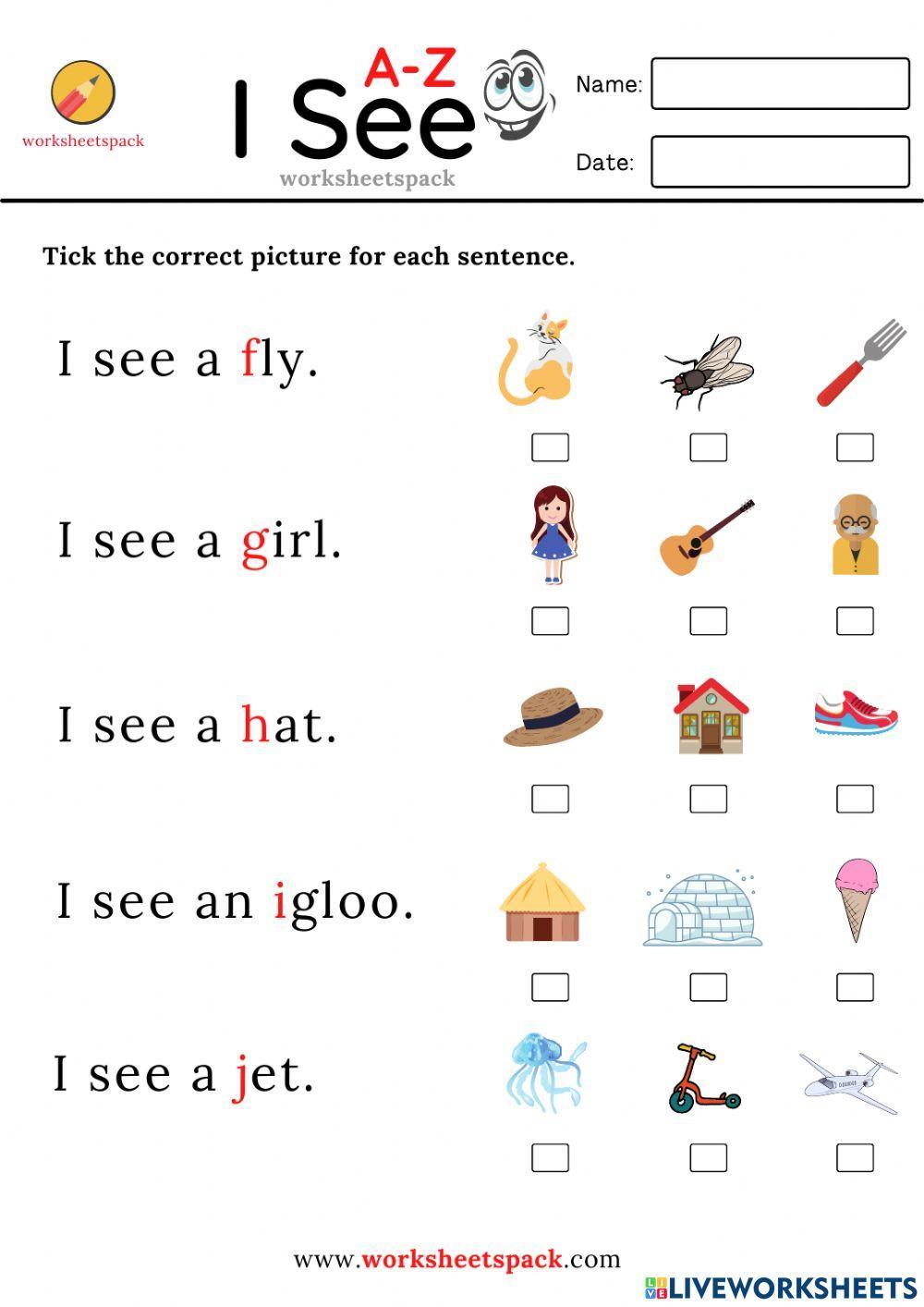 I see sentences A to Z worksheets