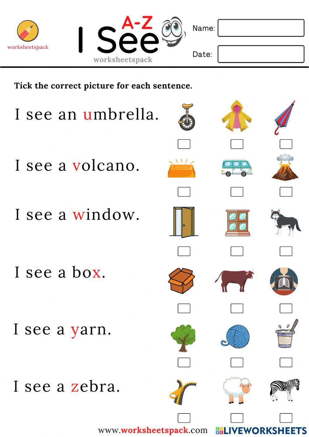 I see sentences A to Z worksheets