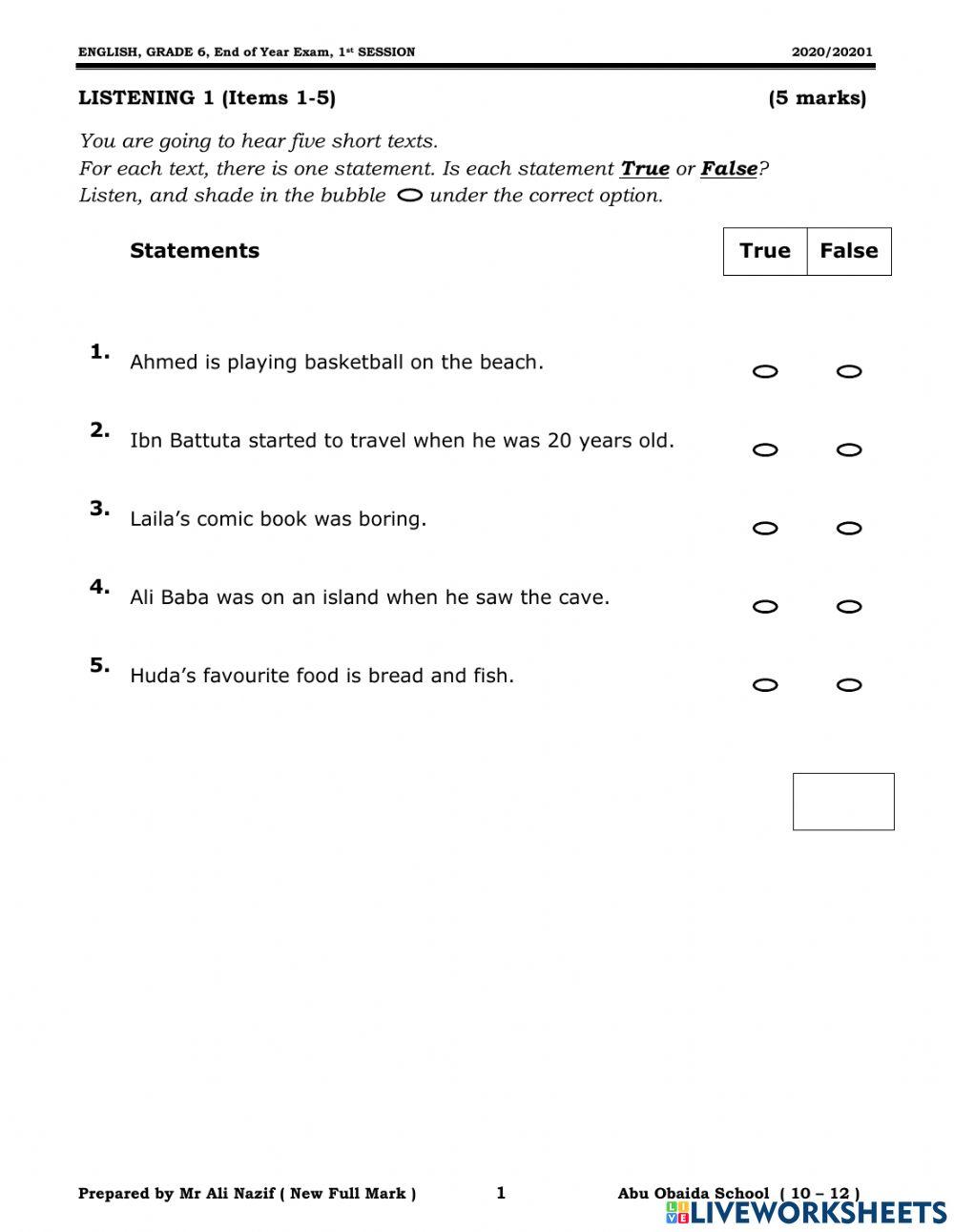 Grade 6 - Mock Exam 