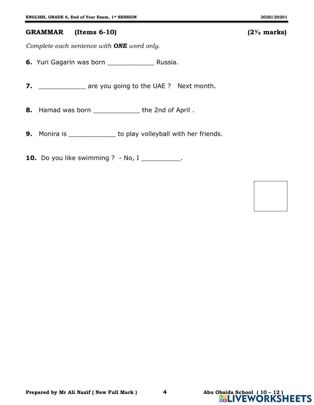 Grade 6 - Mock Exam 