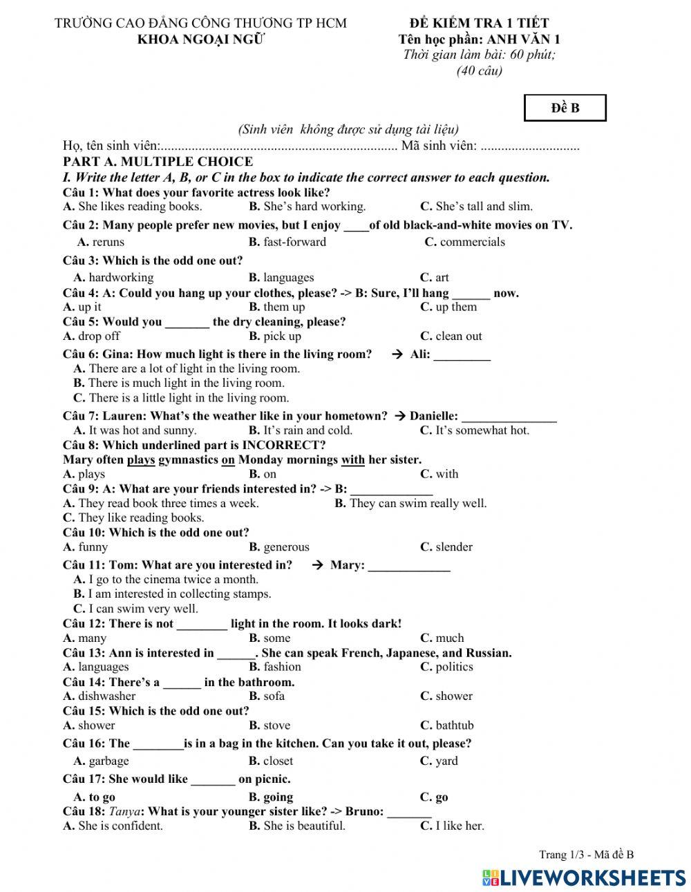 Bài kiểm tra 1 tiết Anh văn 1