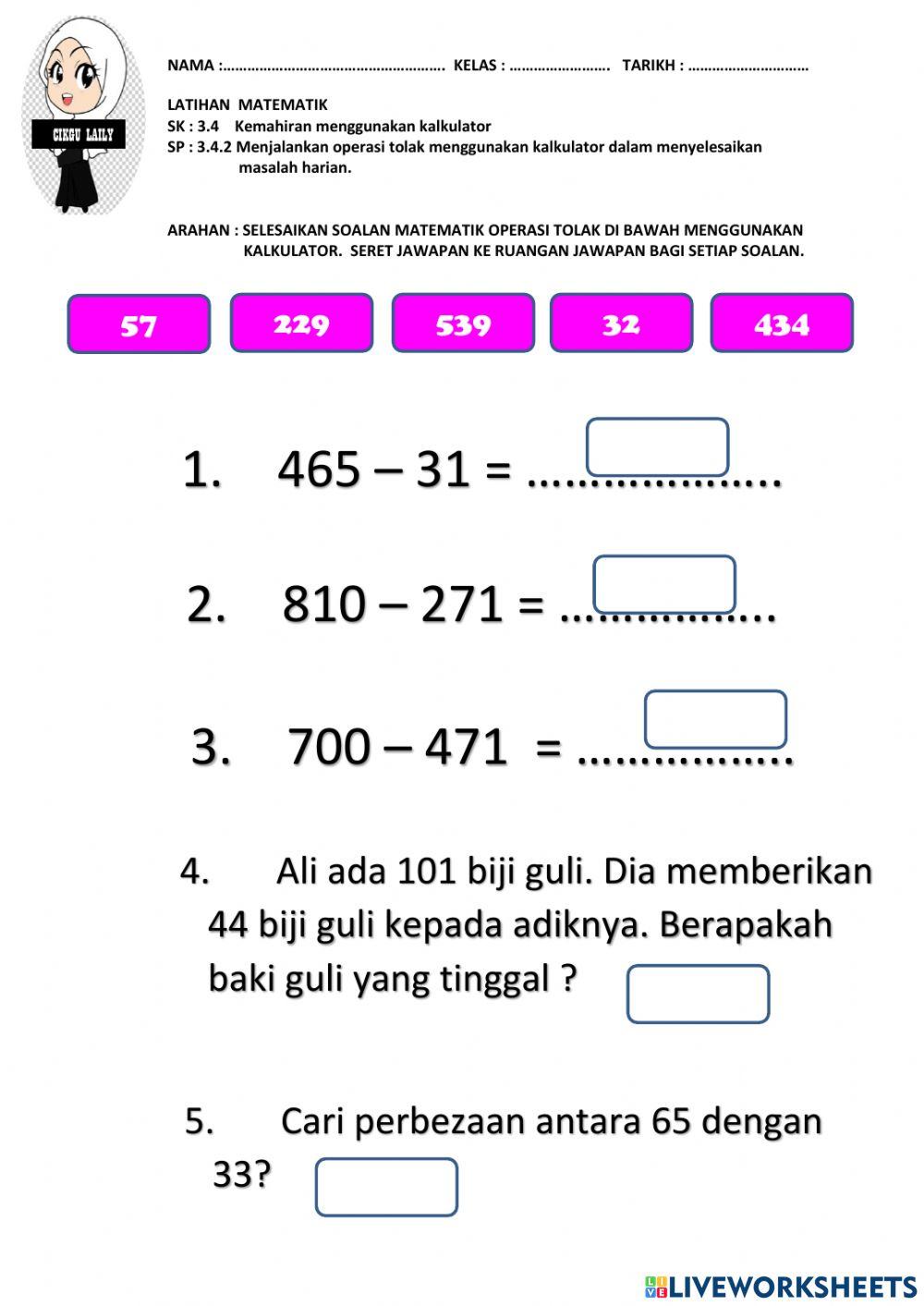 Latihan operasi tolak menggunakan kalkulator
