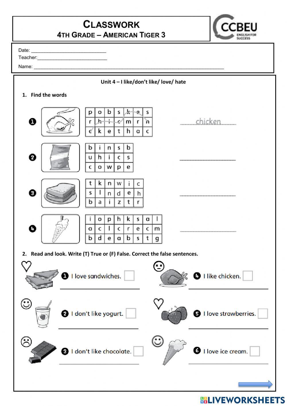 Tiger 3- Unit 4- I like, don't like, love and hate