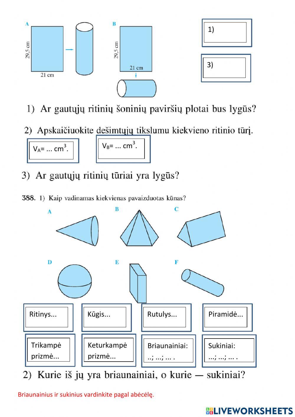 Sukinių paviršiaus plotas ir tūris.