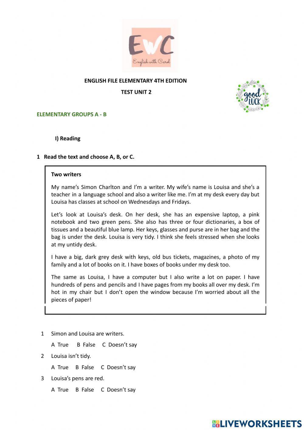 English File Elementary 4th Edition - Unit 2 Test