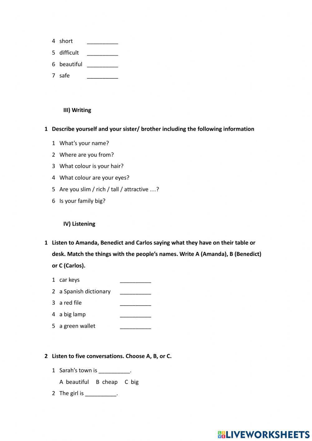 English File Elementary 4th Edition - Unit 2 Test
