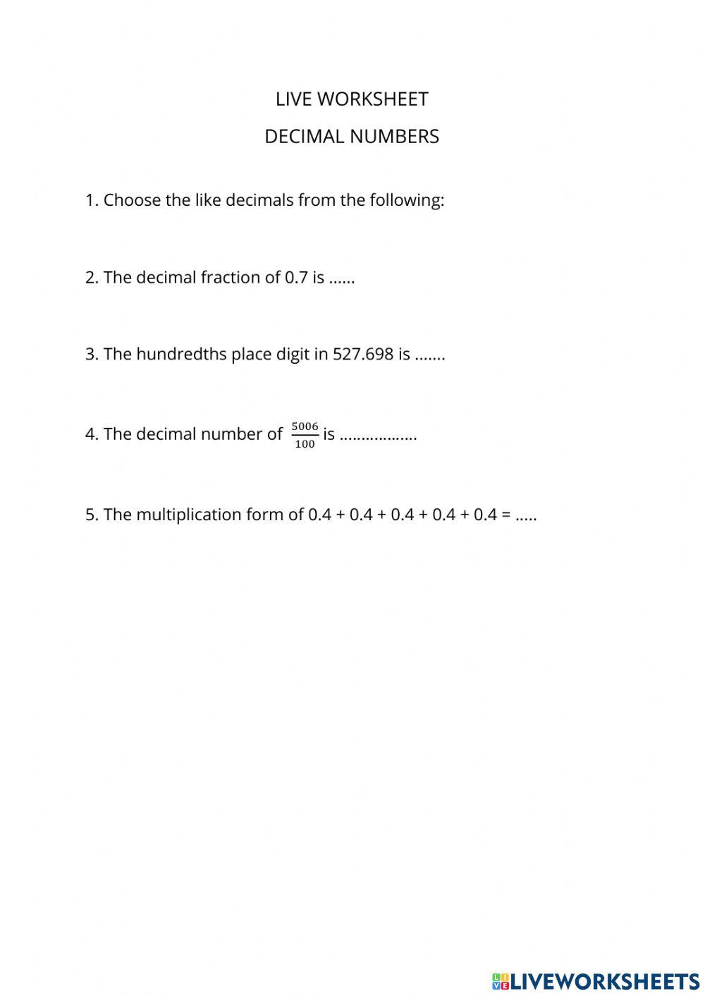 Decimal Numbers online worksheet | Live Worksheets