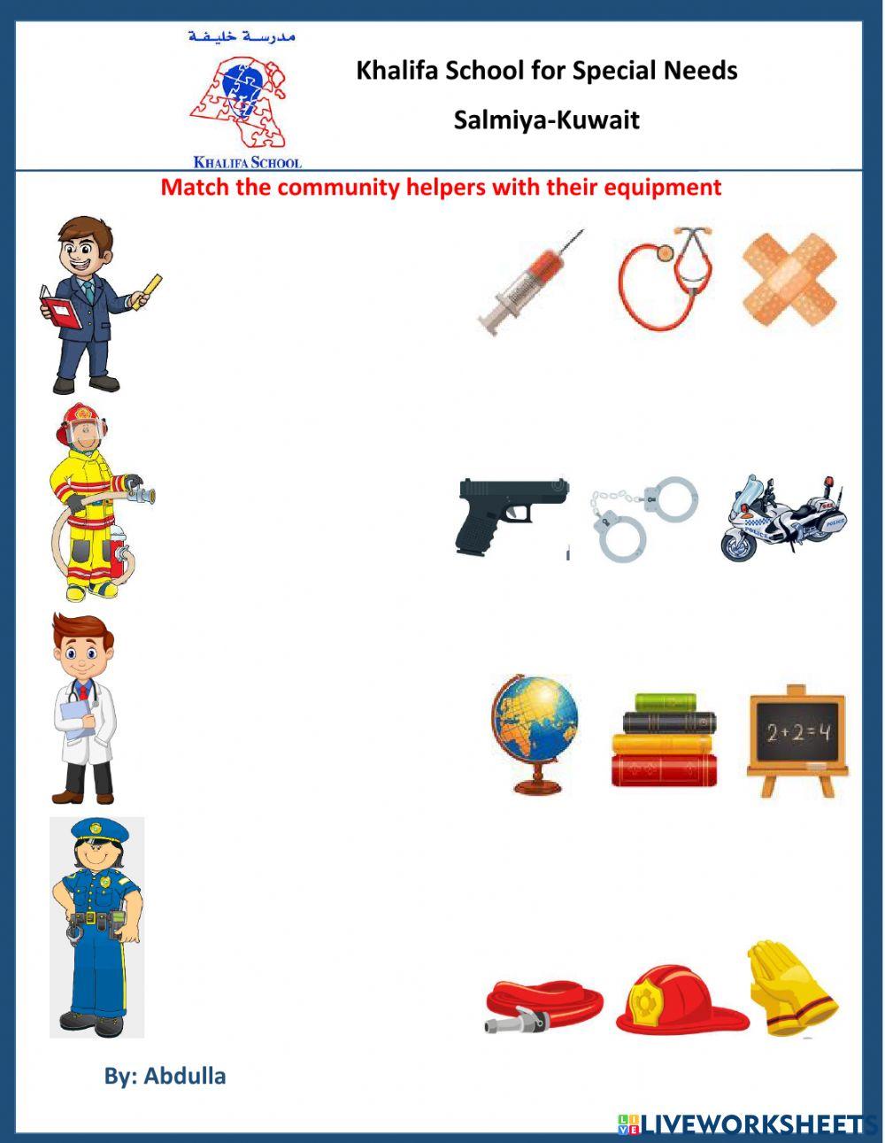 Match the community helpers with their equipments