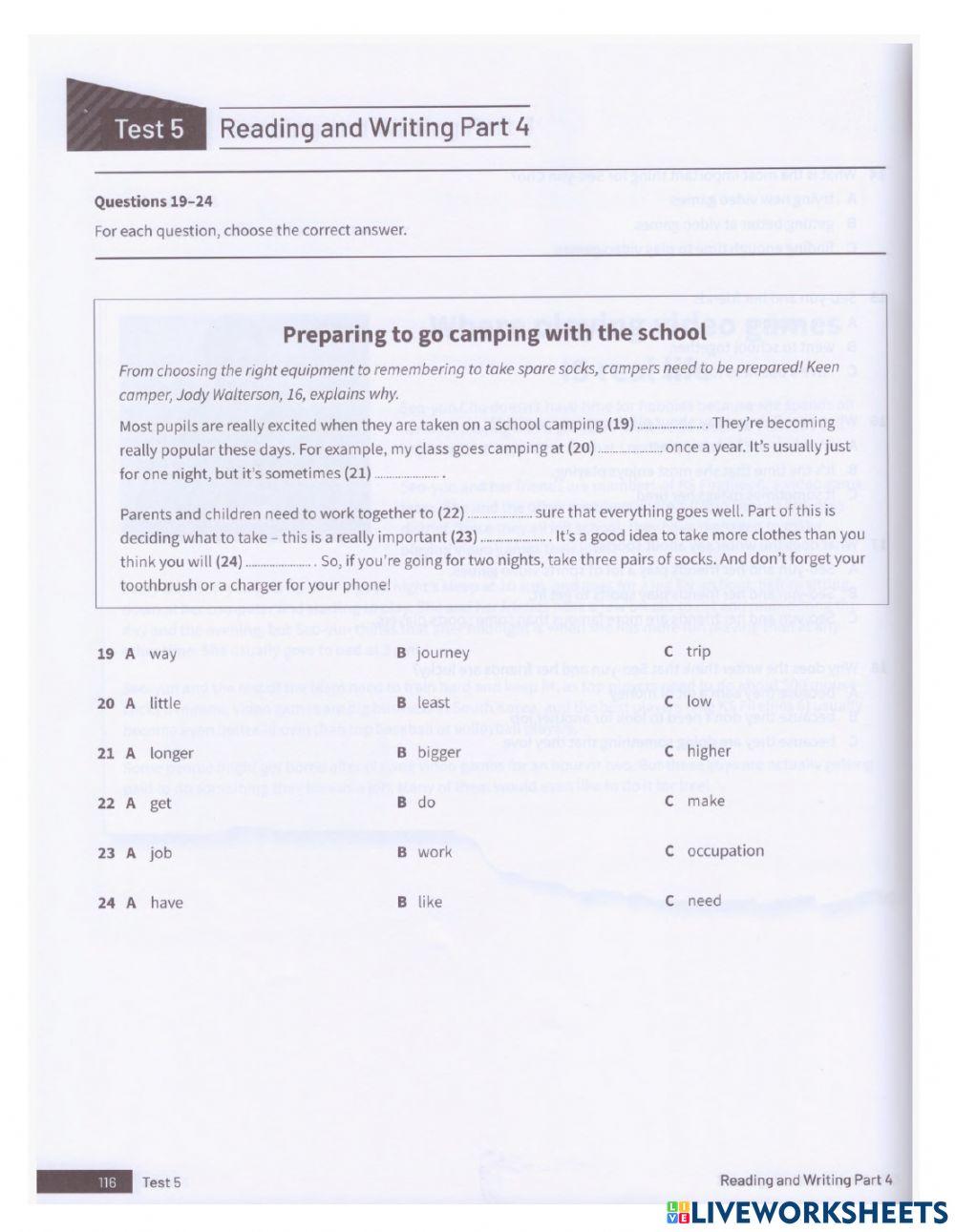 A2 key reading part 4 test 2 online exercise for live worksheets