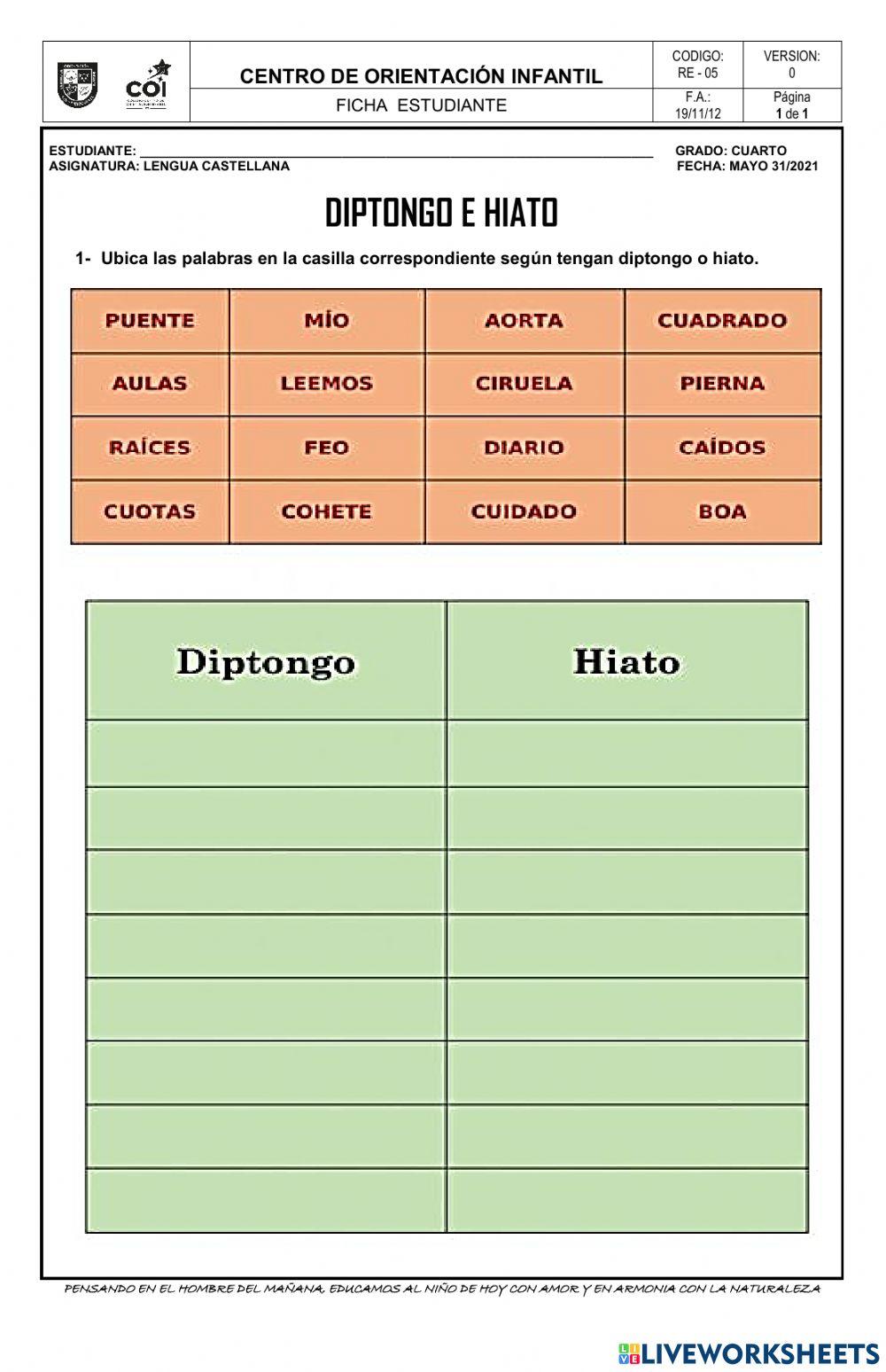 Ficha Identificamos Diptongos E Hiatos Diptongo Hiato Hiato Fichas ...
