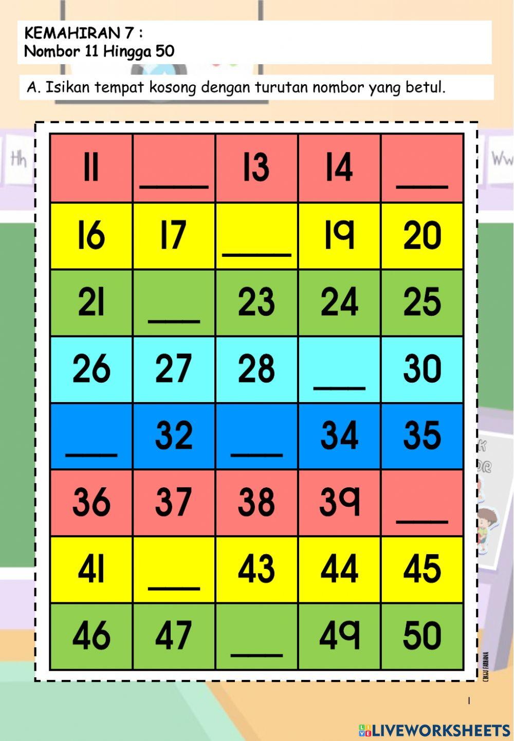 Nombor 11 hingga 50
