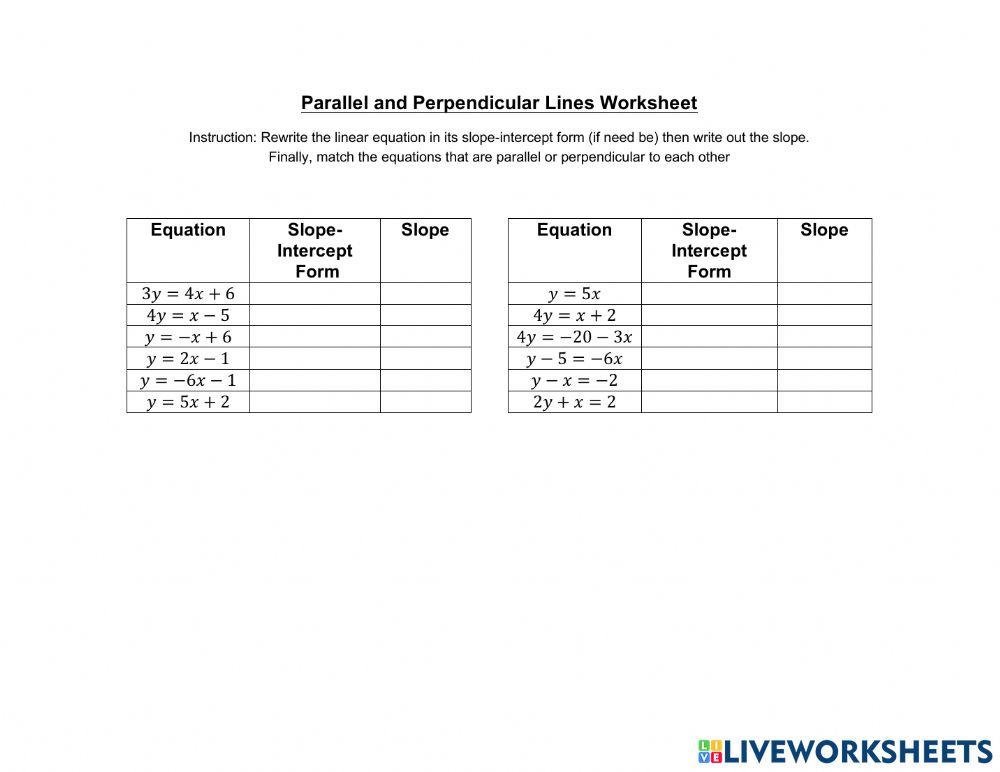 Parallel and Perpendicular Lines Worksheet